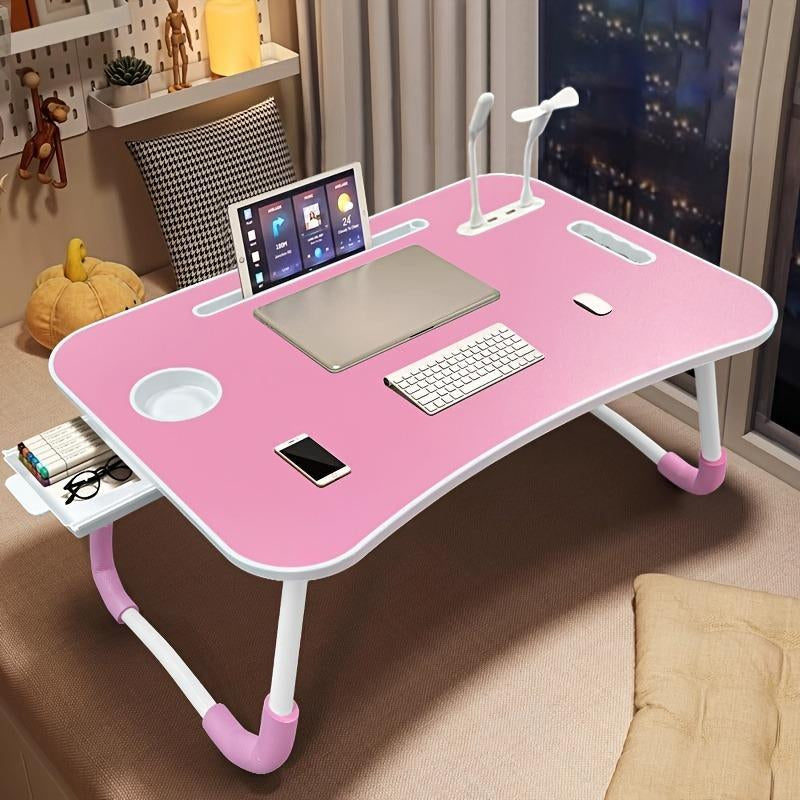 Mesa multifuncional con reposapiés, portavasos y cajón, 4 puertos USB, ventilador y luz. Bandeja plegable portátil para portátil, desayuno en la cama, lectura y escritura en el sofá o sillón. Escritorio para portátil en la cama.