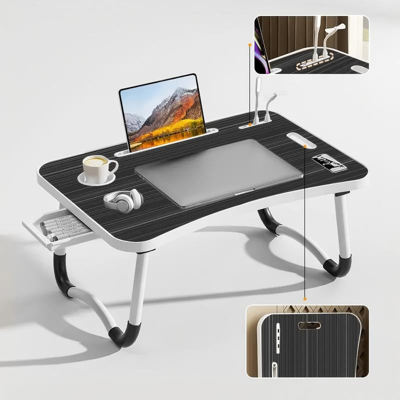 Mesa multifuncional con reposapiés, portavasos y cajón, 4 puertos USB, ventilador y luz. Bandeja plegable portátil para portátil, desayuno en la cama, lectura y escritura en el sofá o sillón. Escritorio para portátil en la cama.