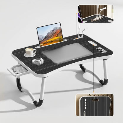 Mesa multifuncional con reposapiés, portavasos y cajón, 4 puertos USB, ventilador y luz. Bandeja plegable portátil para portátil, desayuno en la cama, lectura y escritura en el sofá o sillón. Escritorio para portátil en la cama.