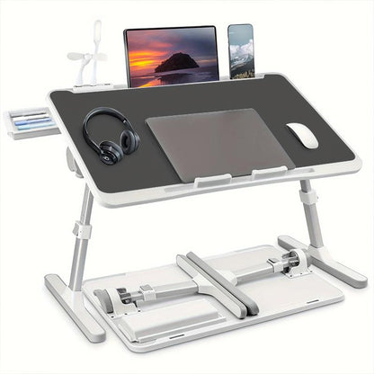 Mesa multifuncional con reposapiés, portavasos y cajón, 4 puertos USB, ventilador y luz. Bandeja plegable portátil para portátil, desayuno en la cama, lectura y escritura en el sofá o sillón. Escritorio para portátil en la cama.