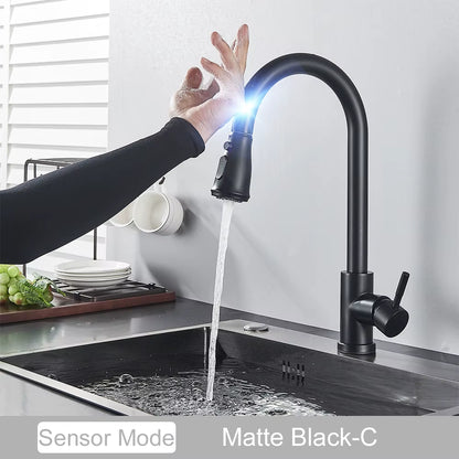 Grifo de cocina extraíble con sensor táctil, color negro