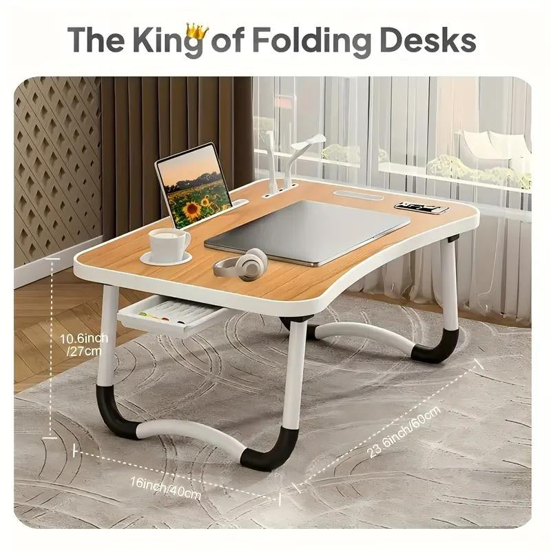 Mesa multifuncional con reposapiés, portavasos y cajón, 4 puertos USB, ventilador y luz. Bandeja plegable portátil para portátil, desayuno en la cama, lectura y escritura en el sofá o sillón. Escritorio para portátil en la cama.
