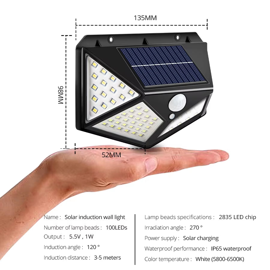 Luz solar para exteriores impermeable con sensor de movimiento, 100 LED, luz de pared solar para jardín, luz de calle con encendido y apagado automático, lámpara de seguridad nocturna