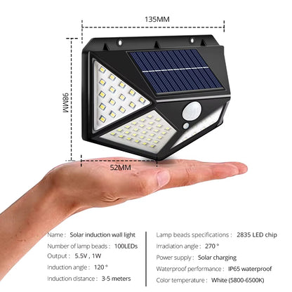 Luz solar para exteriores impermeable con sensor de movimiento, 100 LED, luz de pared solar para jardín, luz de calle con encendido y apagado automático, lámpara de seguridad nocturna