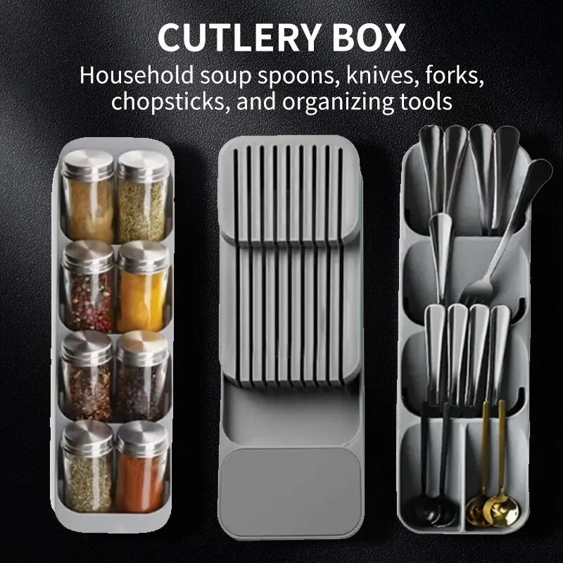 Bandeja para guardar cubiertos con cajón de cocina, soporte para cuchillos, cucharas, tenedores, organizador de vajilla, contenedor para especias, botellas, cuchillos, estante para bloques.