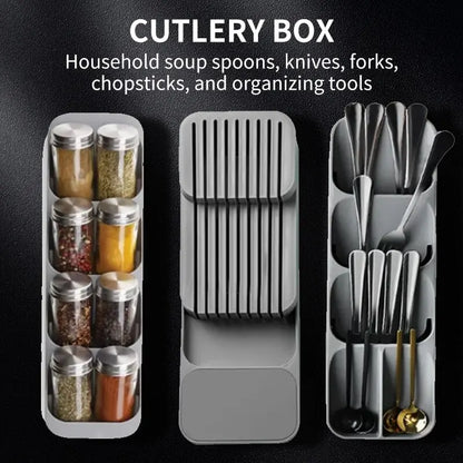 Bandeja para guardar cubiertos con cajón de cocina, soporte para cuchillos, cucharas, tenedores, organizador de vajilla, contenedor para especias, botellas, cuchillos, estante para bloques.