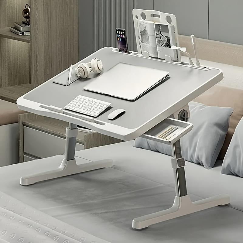 Mesa multifuncional con reposapiés, portavasos y cajón, 4 puertos USB, ventilador y luz. Bandeja plegable portátil para portátil, desayuno en la cama, lectura y escritura en el sofá o sillón. Escritorio para portátil en la cama.