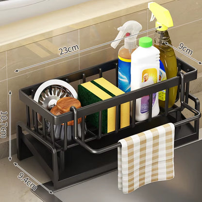Organizador de escurridor de fregadero de cocina de plástico ABS, autodrenante, soporte para esponja y jabón, toallero y cesta de filtro.