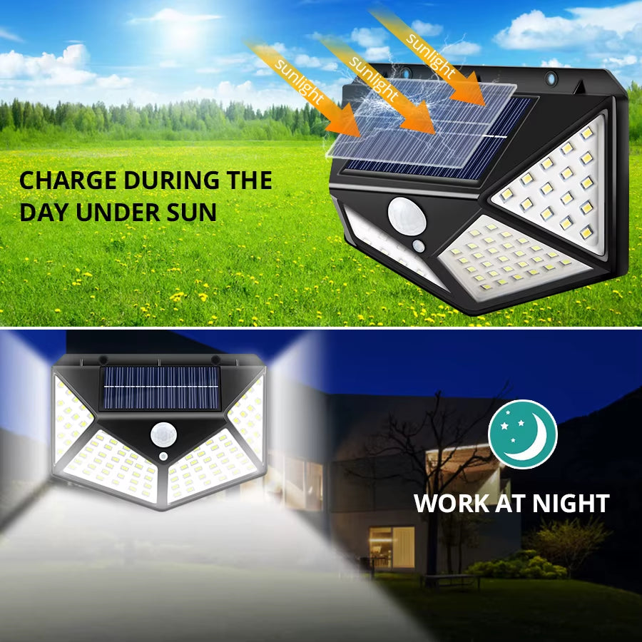 Luz solar para exteriores impermeable con sensor de movimiento, 100 LED, luz de pared solar para jardín, luz de calle con encendido y apagado automático, lámpara de seguridad nocturna