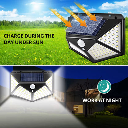 Luz solar para exteriores impermeable con sensor de movimiento, 100 LED, luz de pared solar para jardín, luz de calle con encendido y apagado automático, lámpara de seguridad nocturna