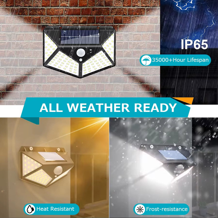Luz solar para exteriores impermeable con sensor de movimiento, 100 LED, luz de pared solar para jardín, luz de calle con encendido y apagado automático, lámpara de seguridad nocturna