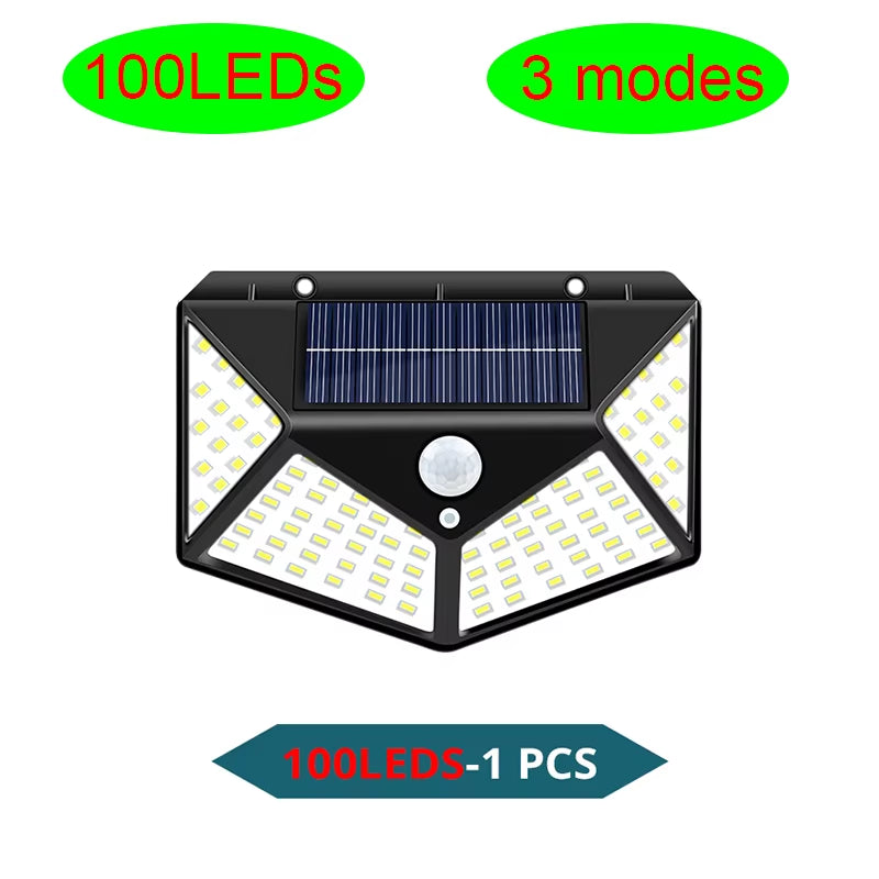 Luz solar para exteriores impermeable con sensor de movimiento, 100 LED, luz de pared solar para jardín, luz de calle con encendido y apagado automático, lámpara de seguridad nocturna