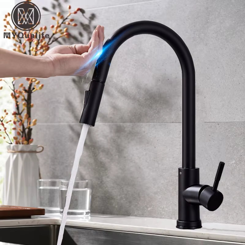 Grifo de cocina extraíble con sensor táctil, color negro