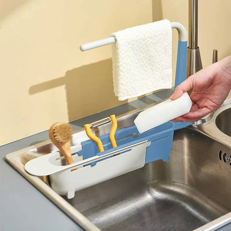 Estante telescópico multifuncional para fregadero, soporte para esponja ajustable y mejorado, expandible 2 en 1 para cocina y hogar.