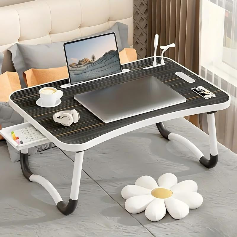 Mesa multifuncional con reposapiés, portavasos y cajón, 4 puertos USB, ventilador y luz. Bandeja plegable portátil para portátil, desayuno en la cama, lectura y escritura en el sofá o sillón. Escritorio para portátil en la cama.