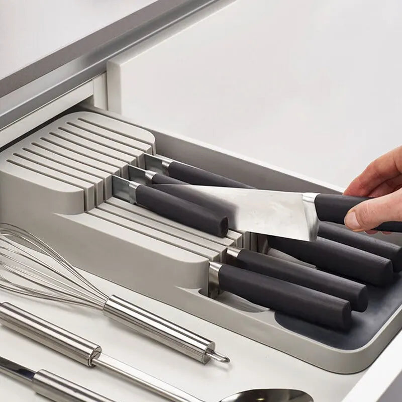Bandeja para guardar cubiertos con cajón de cocina, soporte para cuchillos, cucharas, tenedores, organizador de vajilla, contenedor para especias, botellas, cuchillos, estante para bloques.
