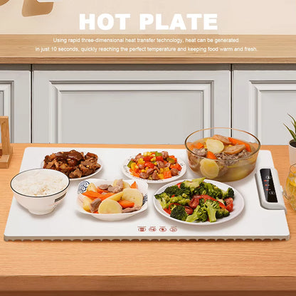 Bandeja eléctrica calefactora con temperatura ajustable, placa calefactora inteligente de silicona, calentamiento rápido para fiestas y reuniones familiares.