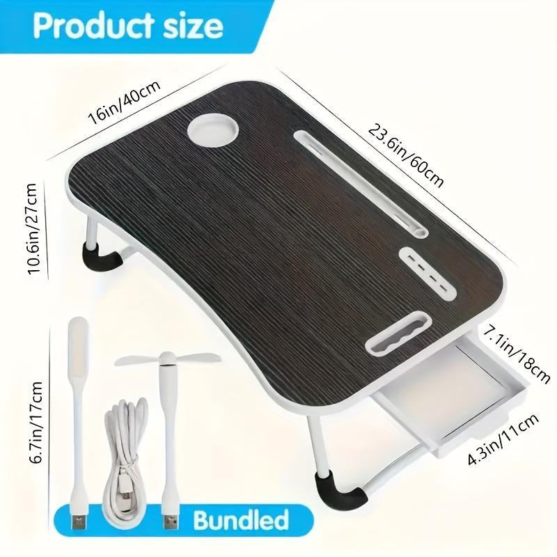 Mesa multifuncional con reposapiés, portavasos y cajón, 4 puertos USB, ventilador y luz. Bandeja plegable portátil para portátil, desayuno en la cama, lectura y escritura en el sofá o sillón. Escritorio para portátil en la cama.