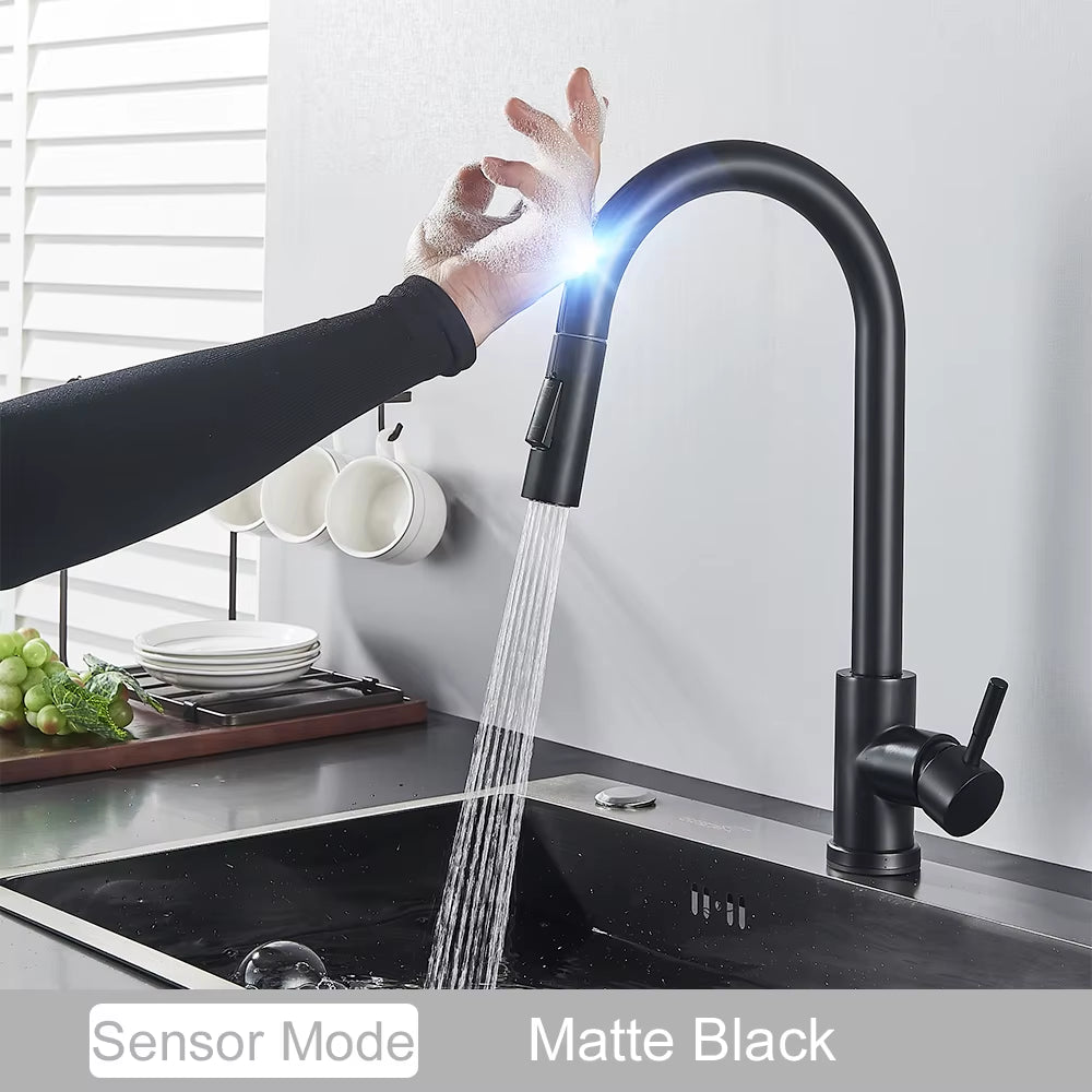 Grifo de cocina extraíble con sensor táctil, color negro