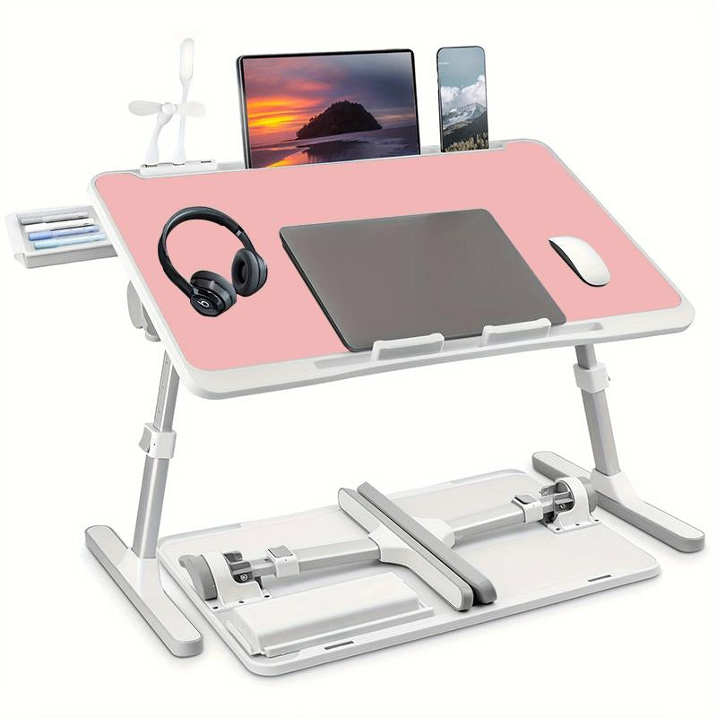 Mesa multifuncional con reposapiés, portavasos y cajón, 4 puertos USB, ventilador y luz. Bandeja plegable portátil para portátil, desayuno en la cama, lectura y escritura en el sofá o sillón. Escritorio para portátil en la cama.