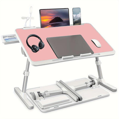 Mesa multifuncional con reposapiés, portavasos y cajón, 4 puertos USB, ventilador y luz. Bandeja plegable portátil para portátil, desayuno en la cama, lectura y escritura en el sofá o sillón. Escritorio para portátil en la cama.