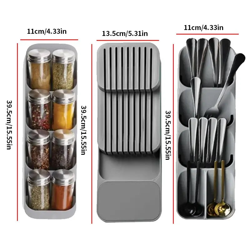 Bandeja para guardar cubiertos con cajón de cocina, soporte para cuchillos, cucharas, tenedores, organizador de vajilla, contenedor para especias, botellas, cuchillos, estante para bloques.