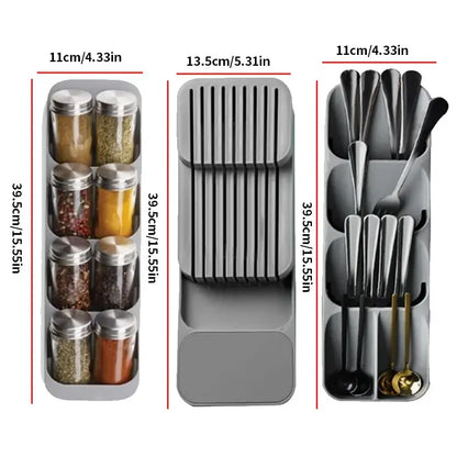 Bandeja para guardar cubiertos con cajón de cocina, soporte para cuchillos, cucharas, tenedores, organizador de vajilla, contenedor para especias, botellas, cuchillos, estante para bloques.