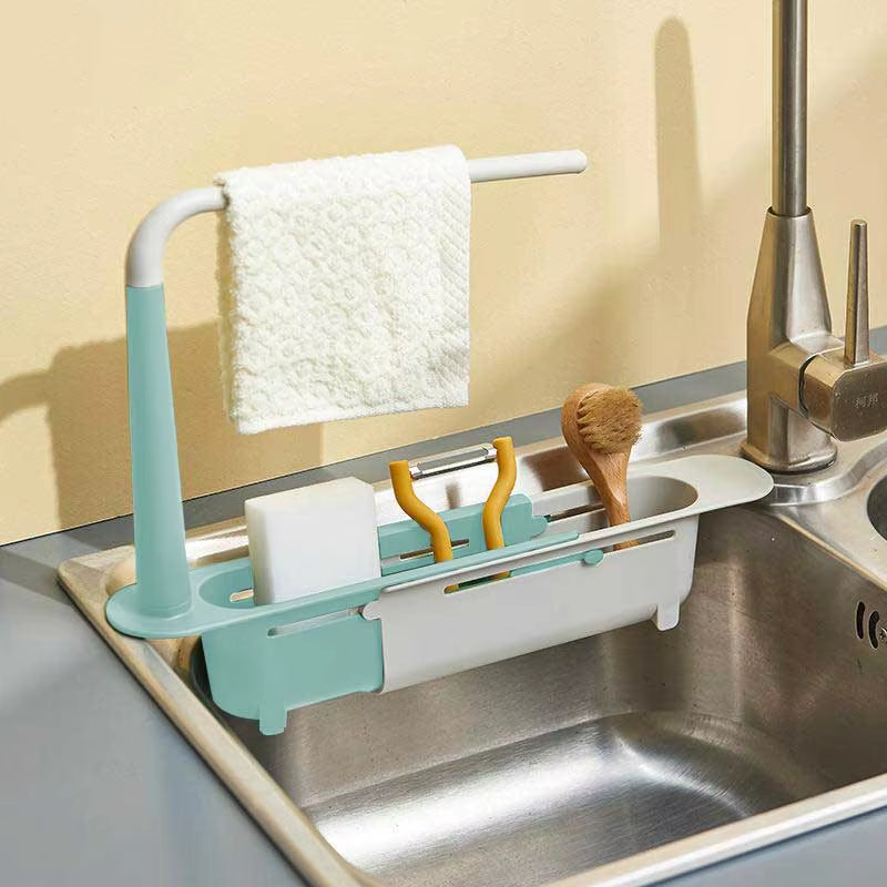 Estante telescópico multifuncional para fregadero, soporte para esponja ajustable y mejorado, expandible 2 en 1 para cocina y hogar.