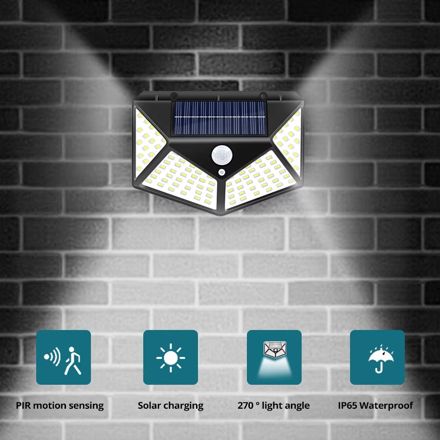 Luz solar para exteriores impermeable con sensor de movimiento, 100 LED, luz de pared solar para jardín, luz de calle con encendido y apagado automático, lámpara de seguridad nocturna