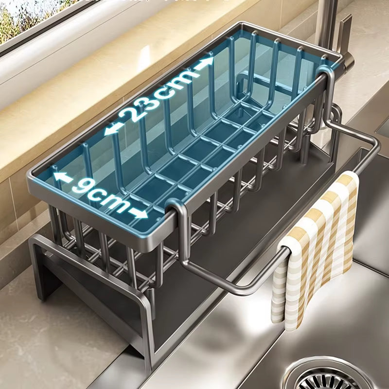 Organizador de escurridor de fregadero de cocina de plástico ABS, autodrenante, soporte para esponja y jabón, toallero y cesta de filtro.