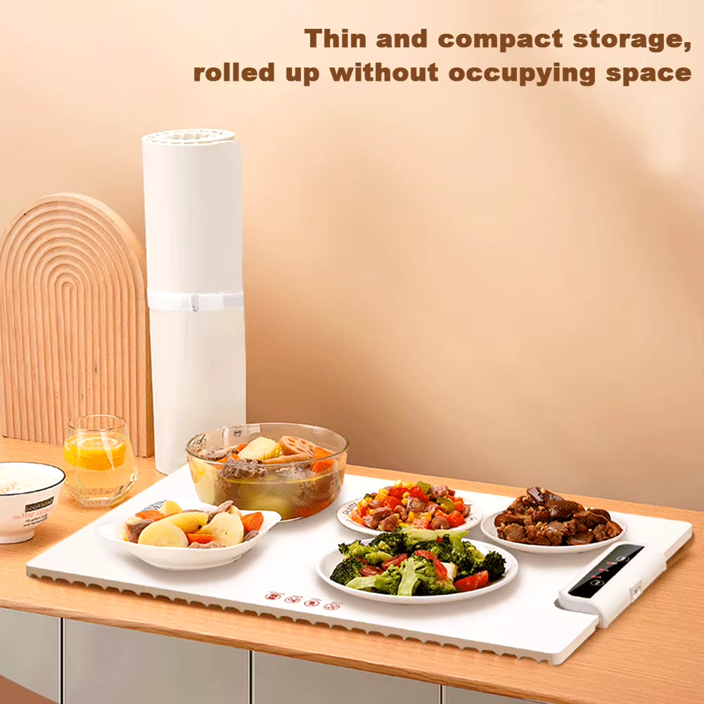 Bandeja eléctrica calefactora con temperatura ajustable, placa calefactora inteligente de silicona, calentamiento rápido para fiestas y reuniones familiares.