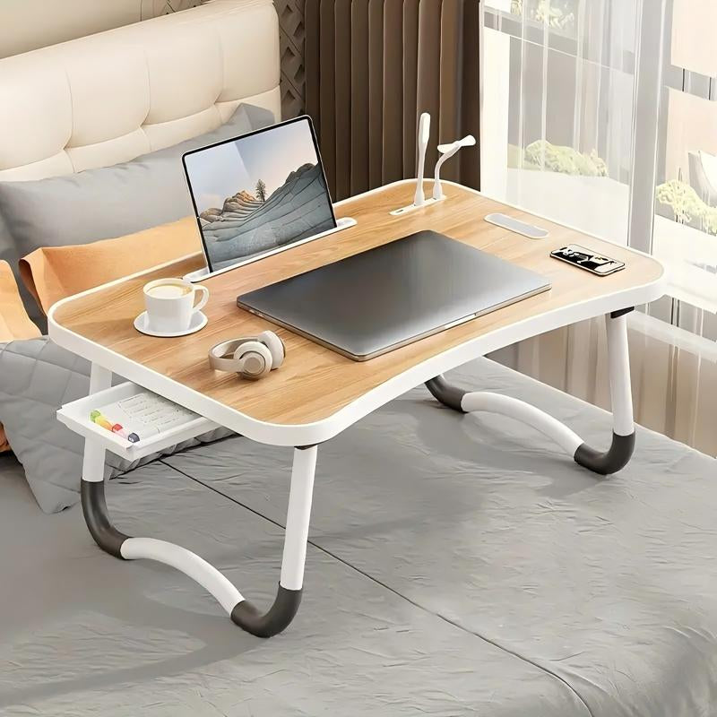 Mesa multifuncional con reposapiés, portavasos y cajón, 4 puertos USB, ventilador y luz. Bandeja plegable portátil para portátil, desayuno en la cama, lectura y escritura en el sofá o sillón. Escritorio para portátil en la cama.