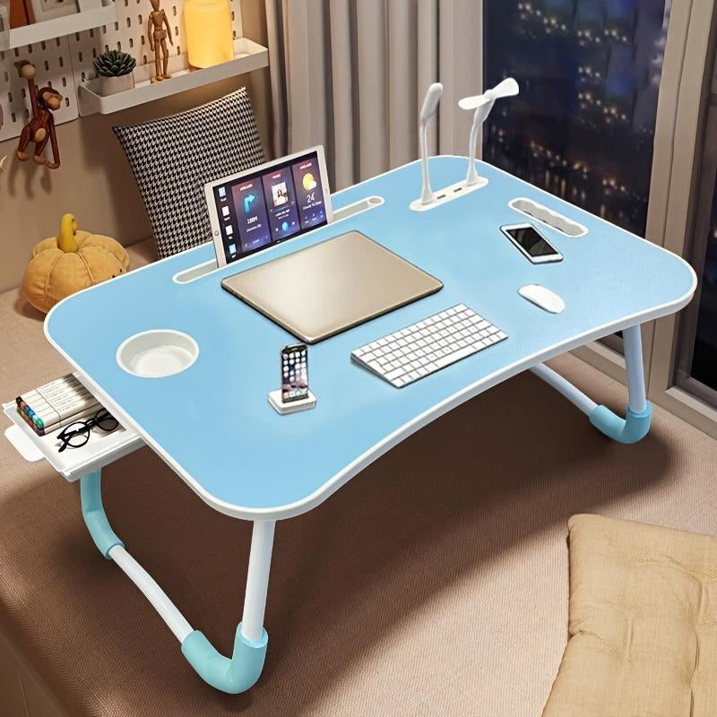 Mesa multifuncional con reposapiés, portavasos y cajón, 4 puertos USB, ventilador y luz. Bandeja plegable portátil para portátil, desayuno en la cama, lectura y escritura en el sofá o sillón. Escritorio para portátil en la cama.