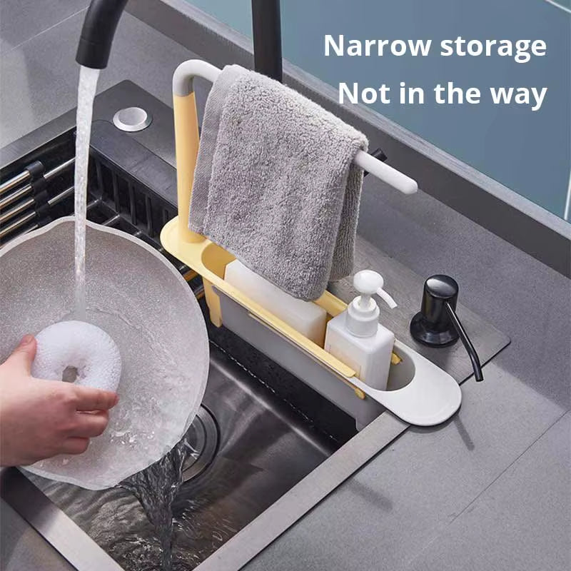 Estante telescópico multifuncional para fregadero, soporte para esponja ajustable y mejorado, expandible 2 en 1 para cocina y hogar.