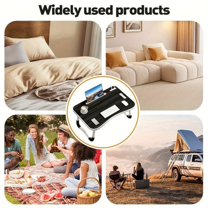 Mesa multifuncional con reposapiés, portavasos y cajón, 4 puertos USB, ventilador y luz. Bandeja plegable portátil para portátil, desayuno en la cama, lectura y escritura en el sofá o sillón. Escritorio para portátil en la cama.